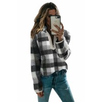 Gray Plaid Zip Neck Furry Sweatshirt